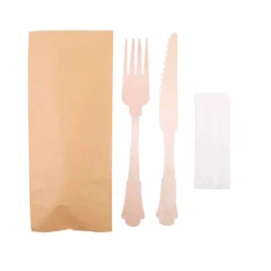 Saquetas com Garfo, Faca e Guardanapo – Pack de 100 – Madeira 20cm