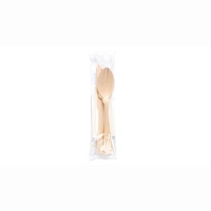 Saquetas com Faca, Garfo, Colher e Guardanapo – Pack de 100 – Madeira 20cm